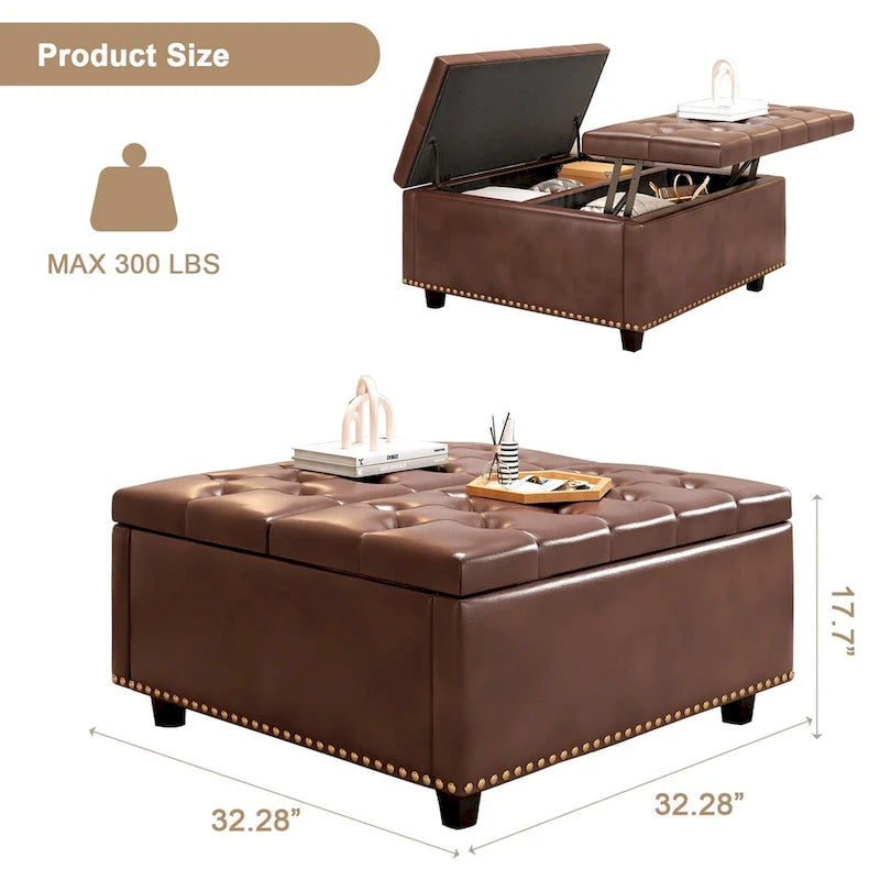 Fauteuil carré de rangement surdimensionné en similicuir avec rangement, avec rangement, rangement double porte, table basse moderne du milieu du siècle