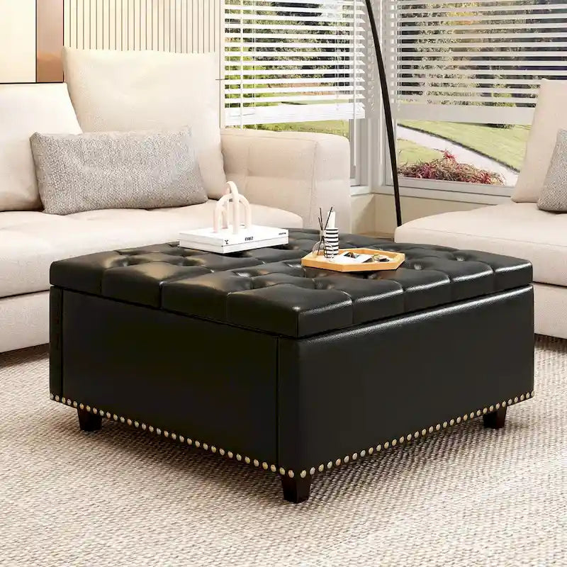 Fauteuil carré de rangement surdimensionné en similicuir avec rangement, avec rangement, rangement double porte, table basse moderne du milieu du siècle