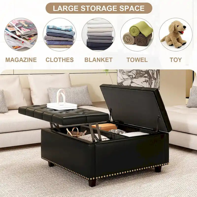 Fauteuil carré de rangement surdimensionné en similicuir avec rangement, avec rangement, rangement double porte, table basse moderne du milieu du siècle