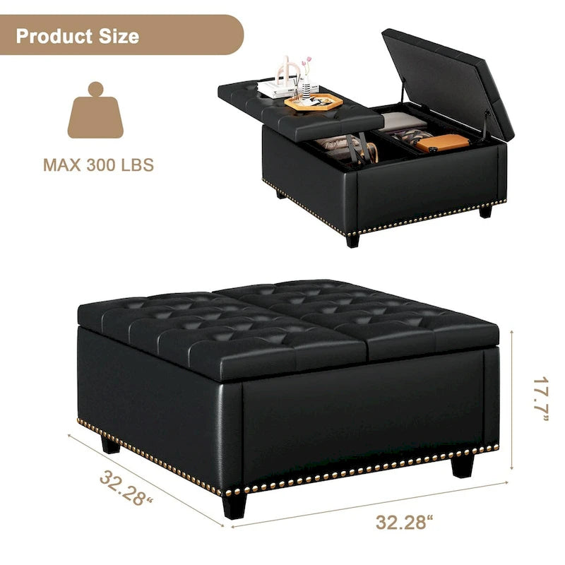 Fauteuil carré de rangement surdimensionné en similicuir avec rangement, avec rangement, rangement double porte, table basse moderne du milieu du siècle