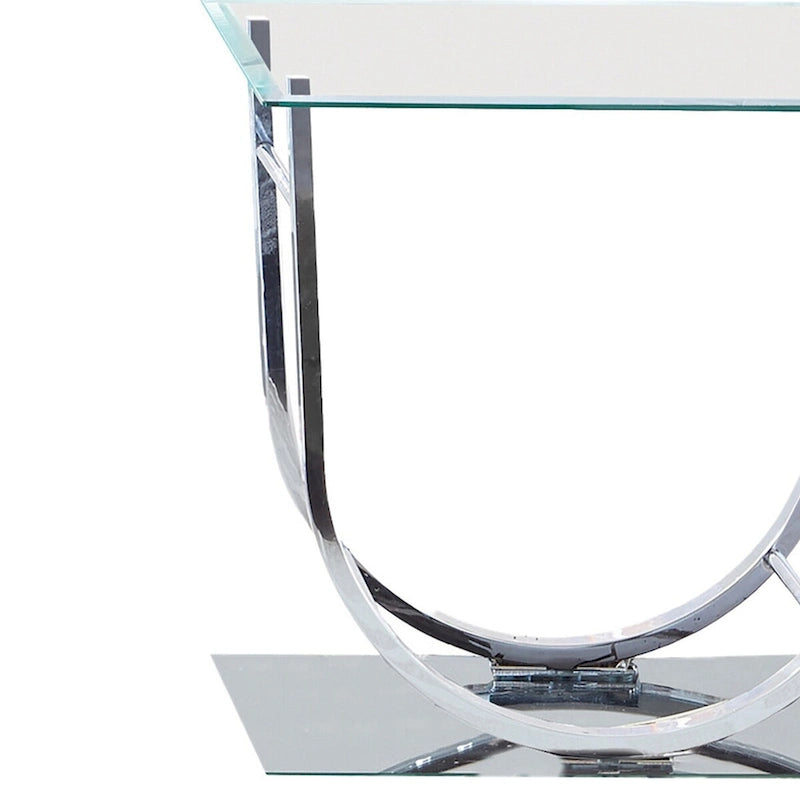 Table d'appoint avec plateau en verre trempé et base en métal en forme de U, chromée et transparente