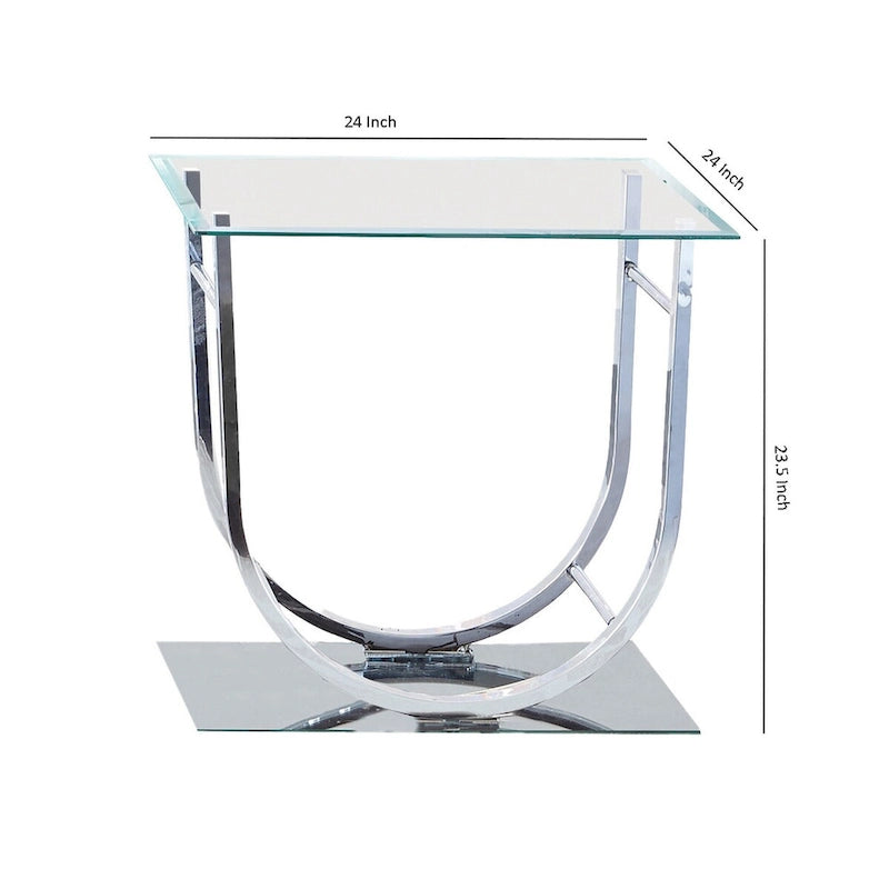 Table d'appoint avec plateau en verre trempé et base en métal en forme de U, chromée et transparente