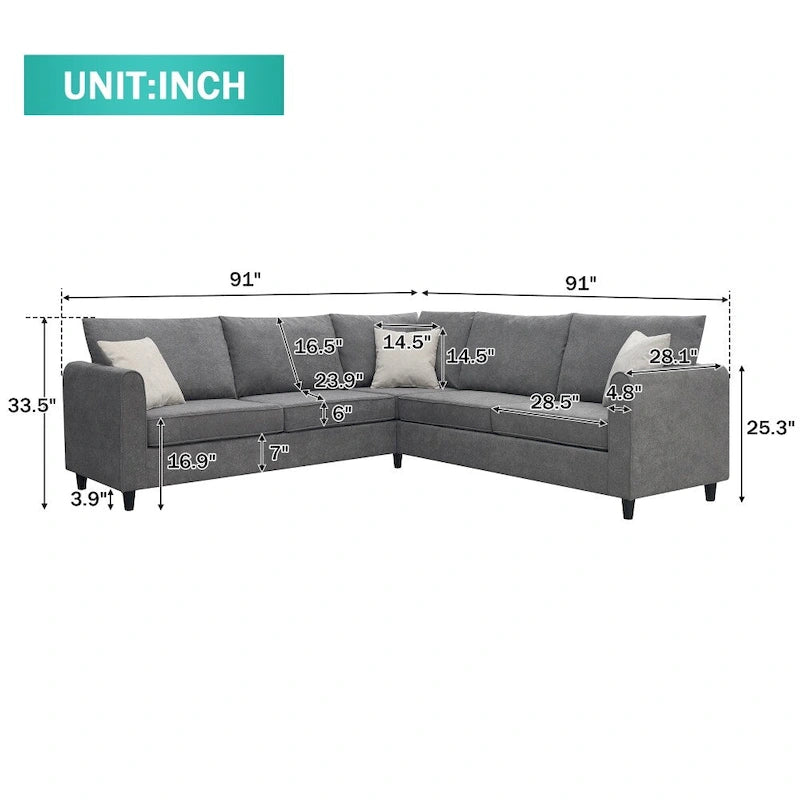 Canapé d'angle moderne 3 places, en forme de L avec 3 coussins