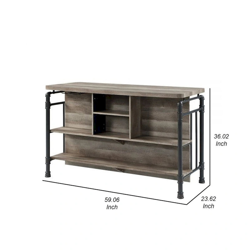 Îlot de cuisine de 150 cm avec 2 étagères, chêne antique industriel marron, gris