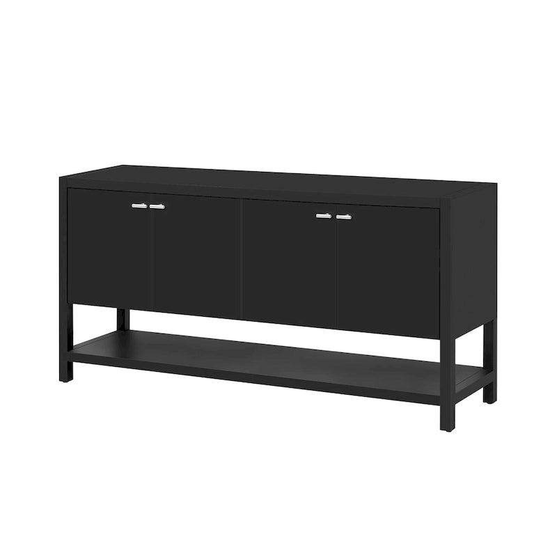 Console d'entrée moderne et fonctionnelle avec rangement à quatre portes et étagère ouverte