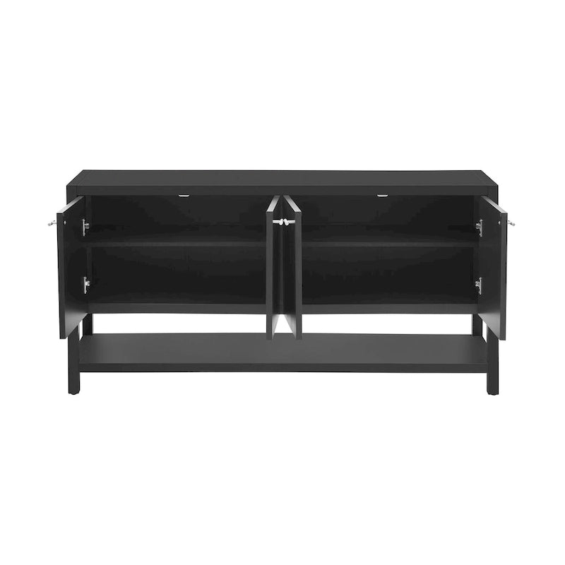 Console d'entrée moderne et fonctionnelle avec rangement à quatre portes et étagère ouverte