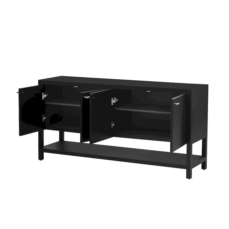 Console d'entrée moderne et fonctionnelle avec rangement à quatre portes et étagère ouverte