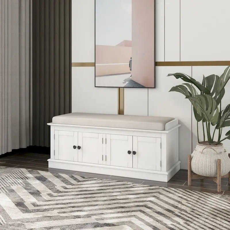 Banc de rangement avec 4 portes et étagères réglables, banc à chaussures avec coussin amovible
