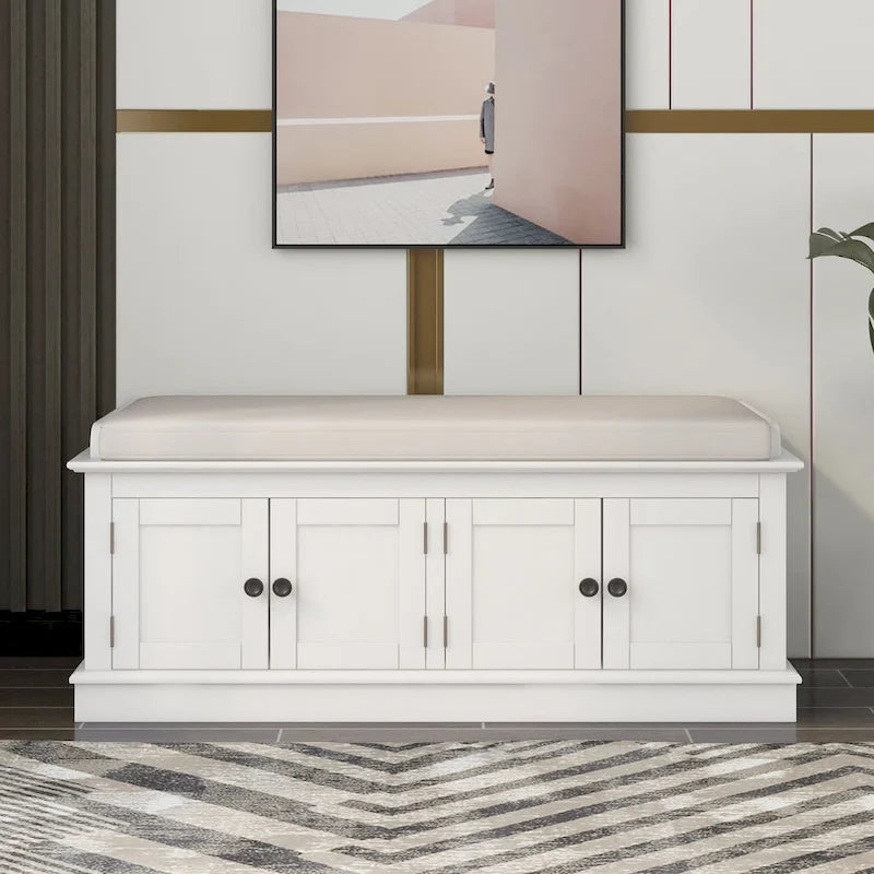 Banc de rangement avec 4 portes et étagères réglables, banc à chaussures avec coussin amovible
