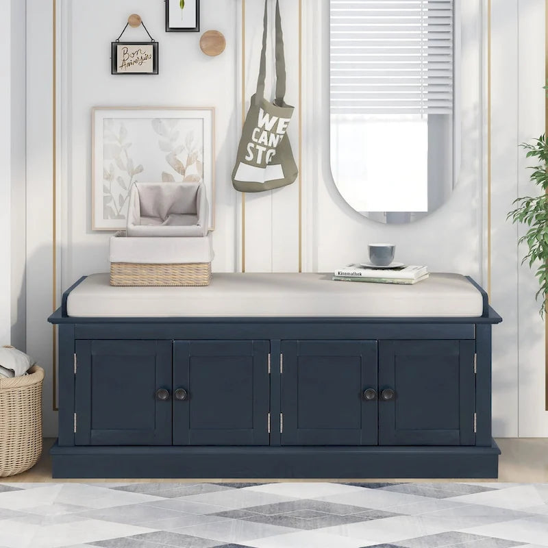 Banc de rangement avec 4 portes et étagères réglables, banc à chaussures avec coussin amovible