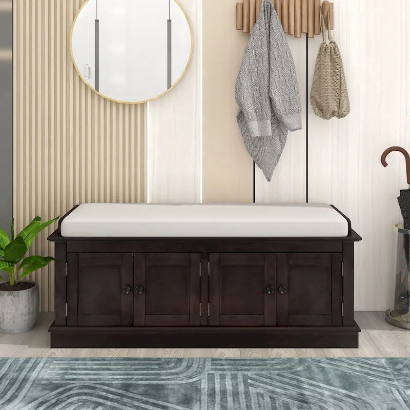 Banc de rangement avec 4 portes et étagères réglables, banc à chaussures avec coussin amovible