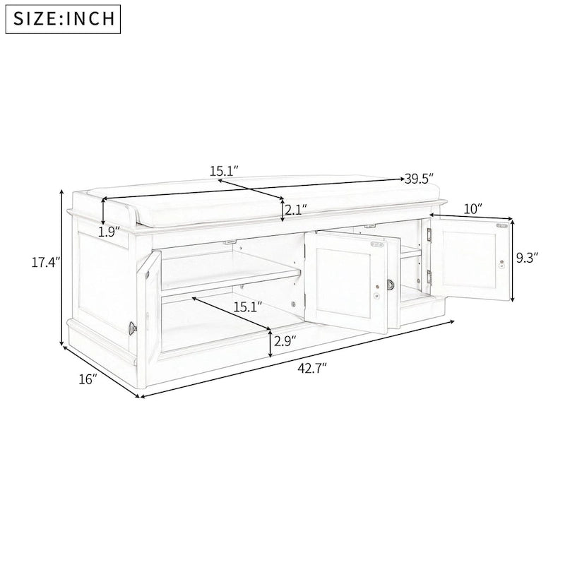 Banc de rangement avec 4 portes et étagères réglables, banc à chaussures avec coussin amovible