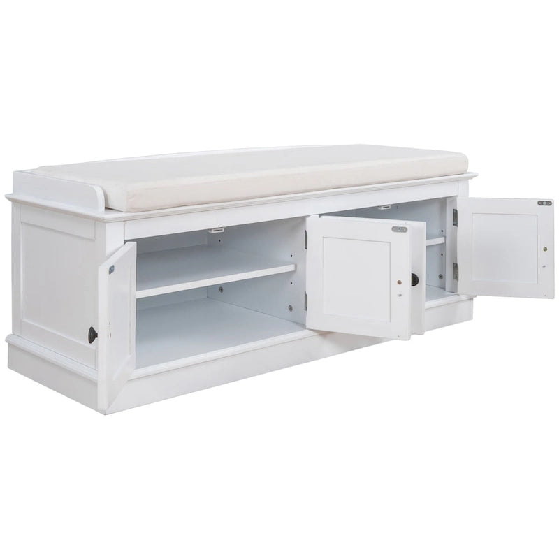 Banc de rangement avec 4 portes et étagères réglables, banc à chaussures avec coussin amovible