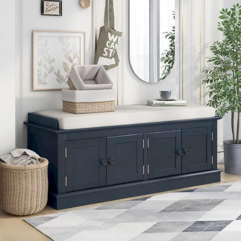 Banc de rangement avec 4 portes et étagères réglables, banc à chaussures avec coussin amovible