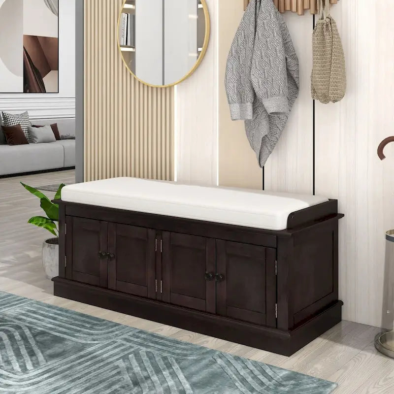 Banc de rangement avec 4 portes et étagères réglables, banc à chaussures avec coussin amovible