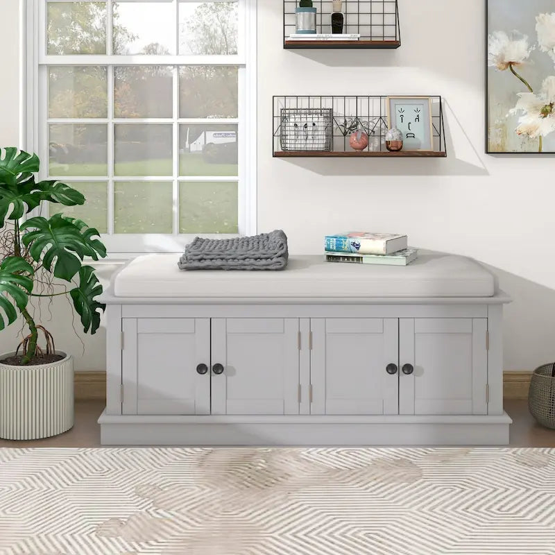 Banc de rangement avec 4 portes et étagères réglables, banc à chaussures avec coussin amovible
