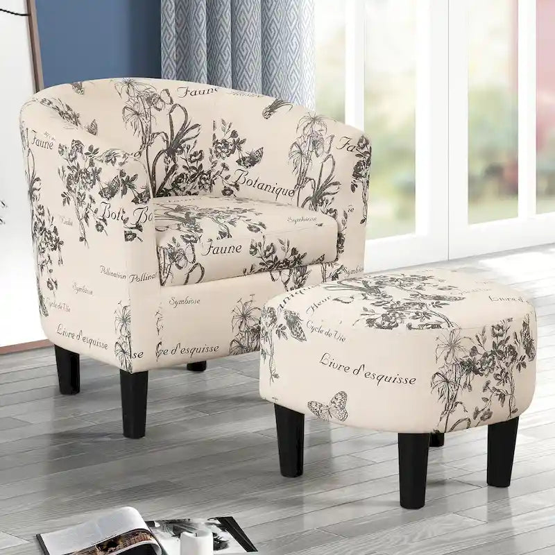 Fauteuil crapaud classique avec revêtement en tissu doux en polyester, repose-pieds inclus