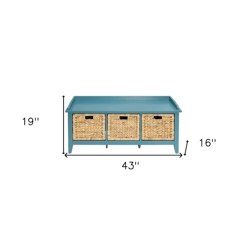 HomeRoots Banc de rangement en bois massif bleu sarcelle 43 po avec tiroirs - 43