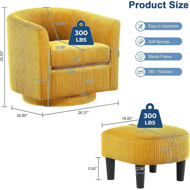 Fauteuil pivotant à 360° avec pouf, fauteuil club rembourré