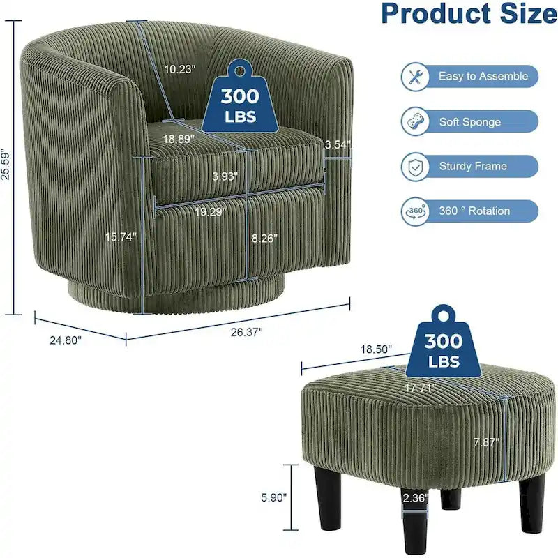 Fauteuil pivotant à 360° avec pouf, fauteuil club rembourré
