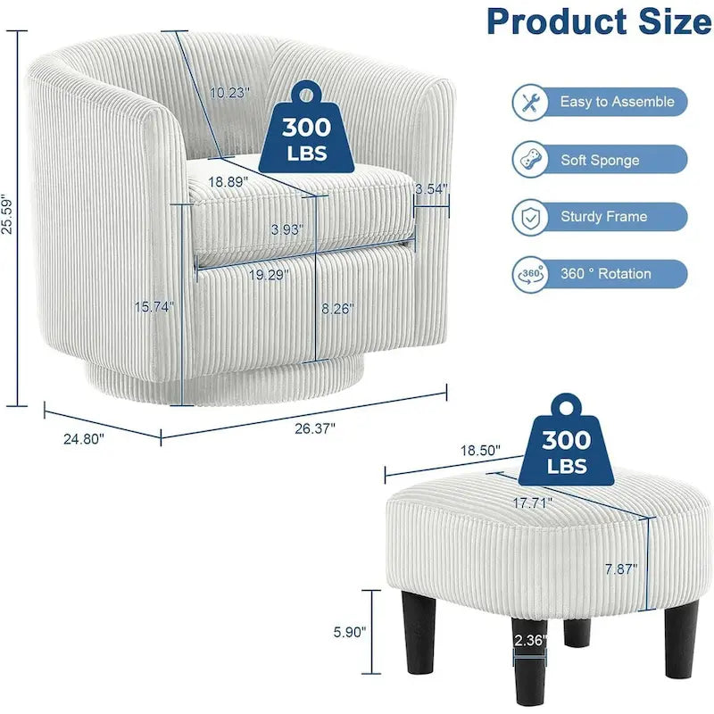 Fauteuil pivotant à 360° avec pouf, fauteuil club rembourré