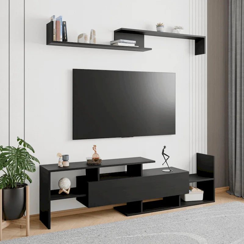 Meuble TV mural flottant Surrey de 60,2 po (2 morceaux) à 1 tiroir et tablettes ouvertes