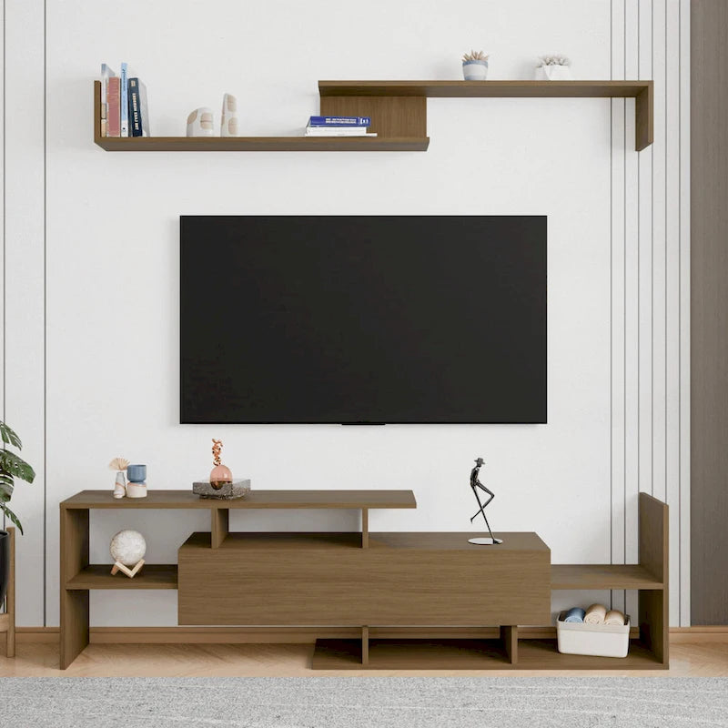 Meuble TV mural flottant Surrey de 60,2 po (2 morceaux) à 1 tiroir et tablettes ouvertes