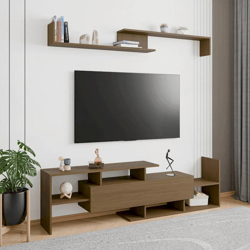 Meuble TV mural flottant Surrey de 60,2 po (2 morceaux) à 1 tiroir et tablettes ouvertes