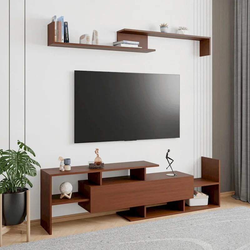 Meuble TV mural flottant Surrey de 60,2 po (2 morceaux) à 1 tiroir et tablettes ouvertes