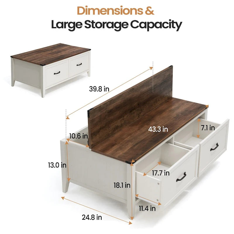 Table basse Pellebant Farmhouse avec compartiment de rangement dissimulé