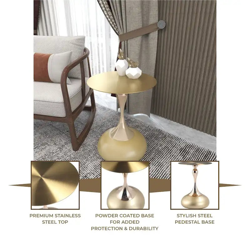 Table d'appoint ronde Savoy 45 cm en acier inoxydable doré avec pied rond