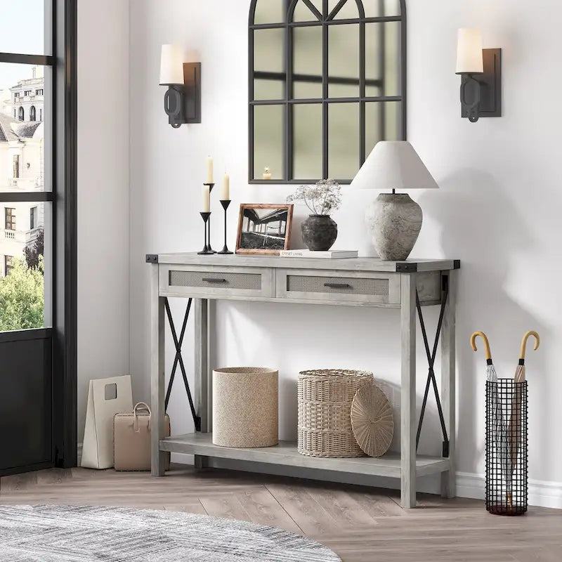 Table d'entrée, Console en bois pour canapé avec tiroirs de rangement