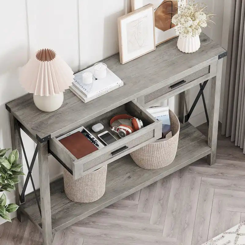 Table d'entrée, Console en bois pour canapé avec tiroirs de rangement