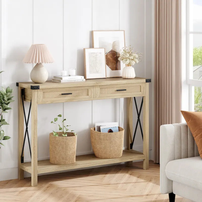 Table d'entrée, Console en bois pour canapé avec tiroirs de rangement
