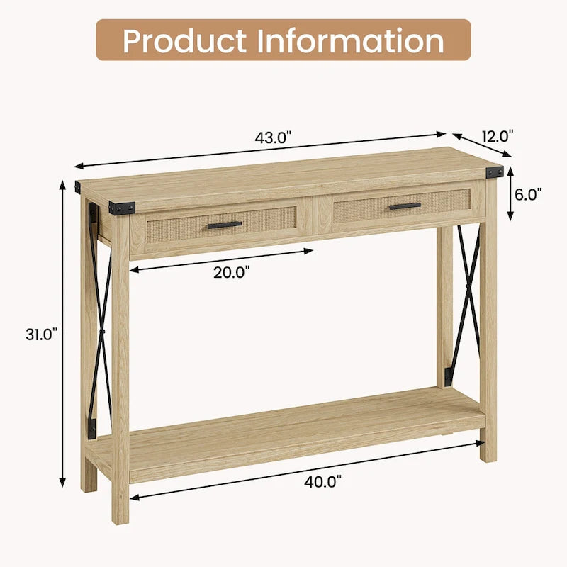 Table d'entrée, Console en bois pour canapé avec tiroirs de rangement