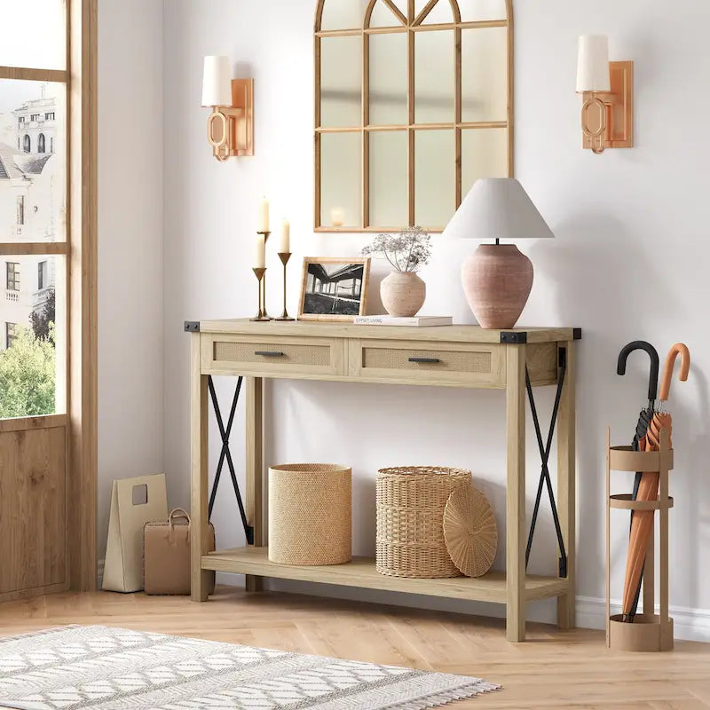 Table d'entrée, Console en bois pour canapé avec tiroirs de rangement