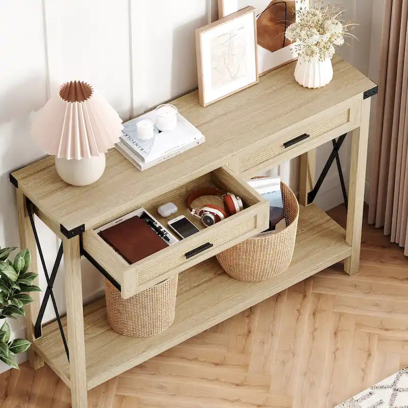 Table d'entrée, Console en bois pour canapé avec tiroirs de rangement