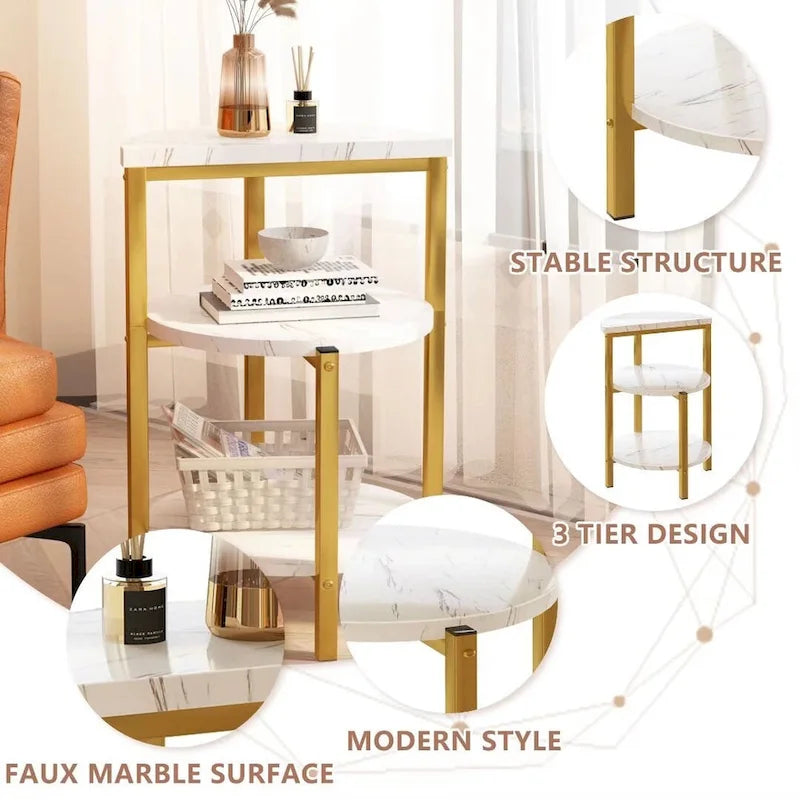 Table d'appoint moderne à 3 niveaux avec plateau en marbre