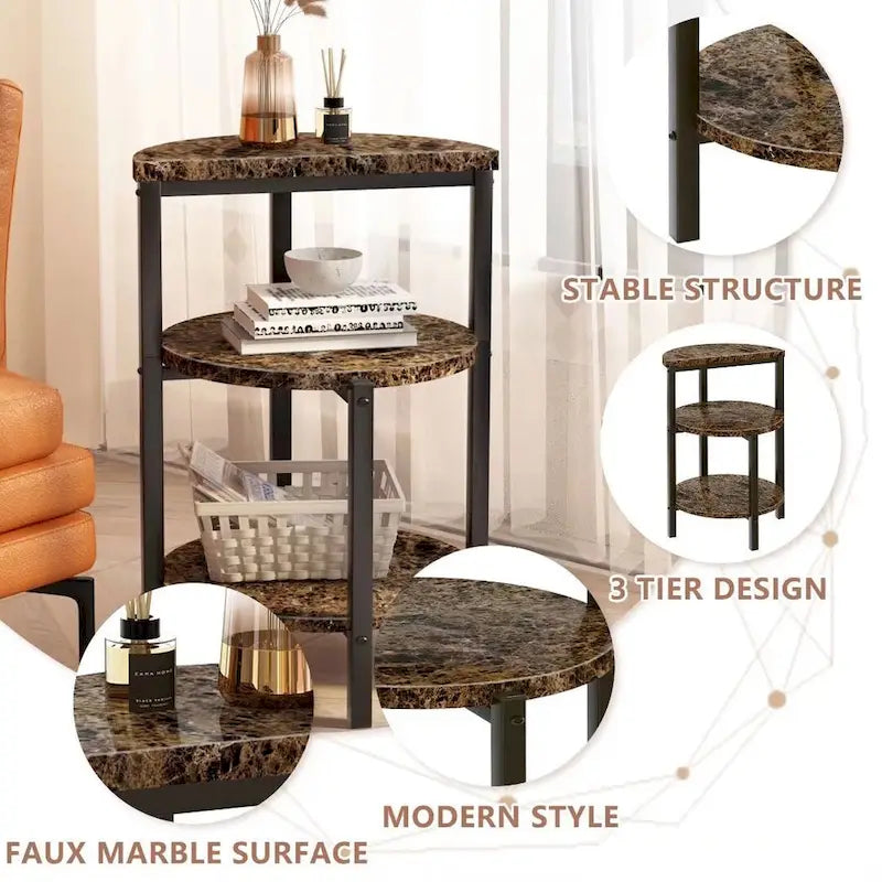 Table d'appoint moderne à 3 niveaux avec plateau en marbre