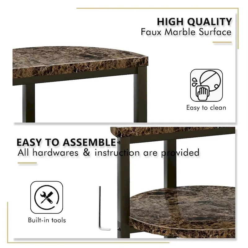Table d'appoint moderne à 3 niveaux avec plateau en marbre