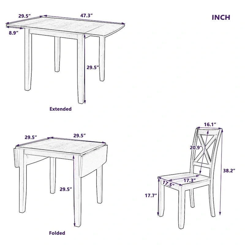 Ensemble de salle à manger 3 pièces avec table à rabats en bois pour coin-repas