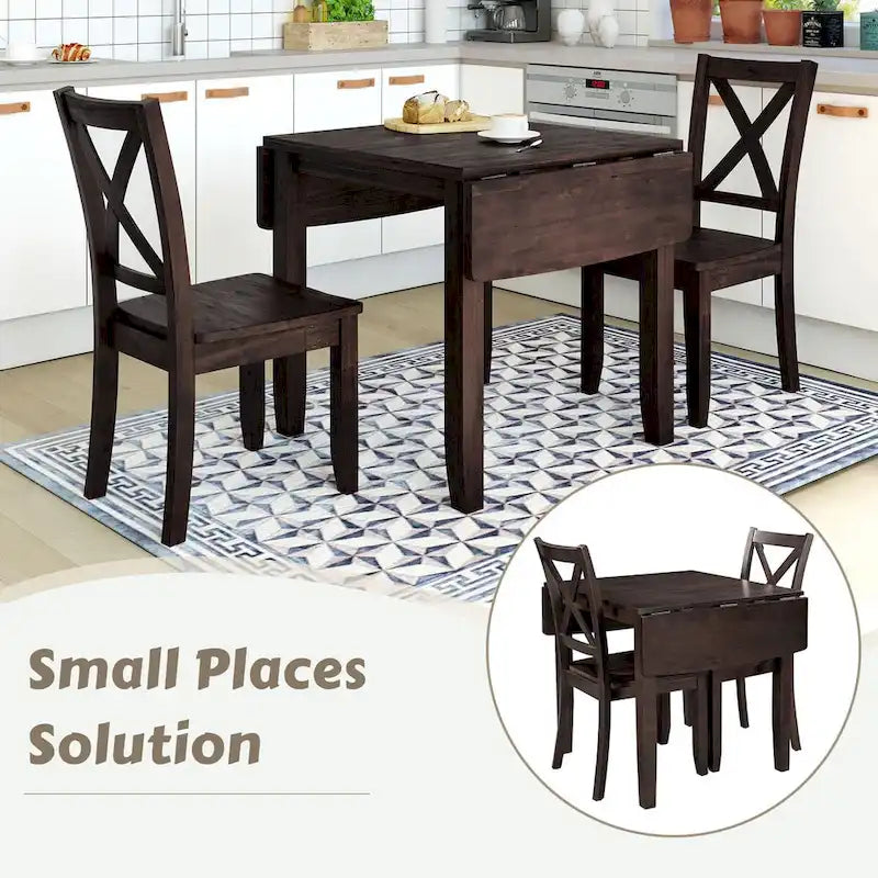 Ensemble de salle à manger 3 pièces avec table à rabats en bois pour coin-repas