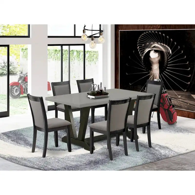 East West Furniture Ensemble de salle à manger 7 pièces - une table à manger et 6 chaises Parson en tissu lin, noir (options de couleur de tissu)