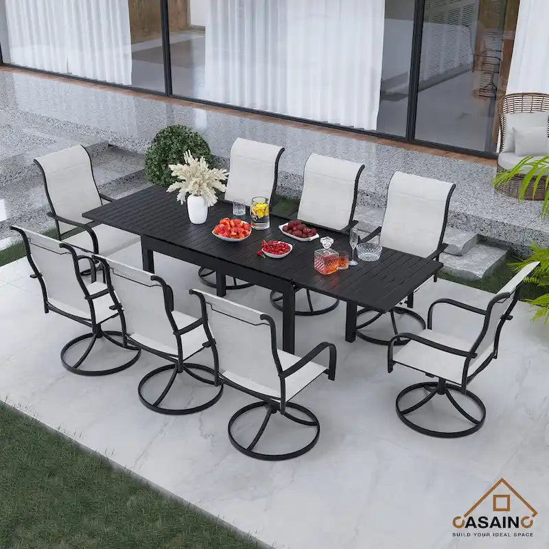 Ensemble repas de jardin 9 pièces avec cadre en métal, table à manger extensible en aluminium