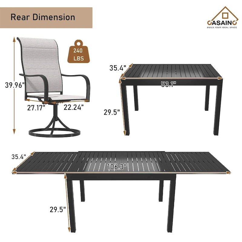 Ensemble repas de jardin 9 pièces avec cadre en métal, table à manger extensible en aluminium