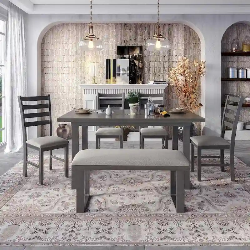 Table à manger rectangulaire en bois massif de 60" avec 4 chaises rembourrées et un banc