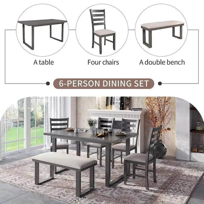 Table à manger rectangulaire en bois massif de 60" avec 4 chaises rembourrées et un banc