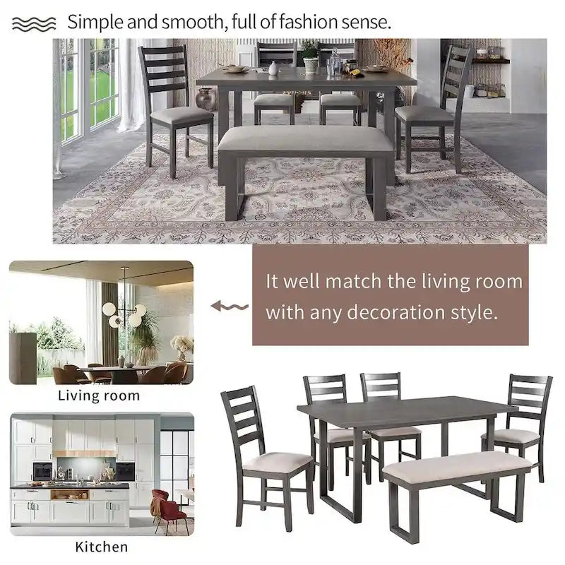 Table à manger rectangulaire en bois massif de 60" avec 4 chaises rembourrées et un banc