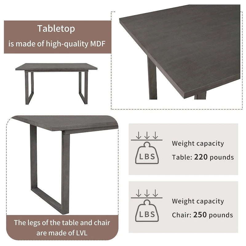 Table à manger rectangulaire en bois massif de 60" avec 4 chaises rembourrées et un banc