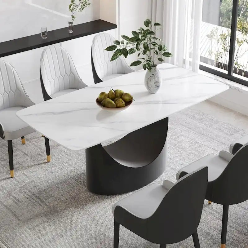 Plateau de table à manger rectangulaire en pierre frittée Marbre Noir 71 pouces avec pied en acier au carbone noir en U unique